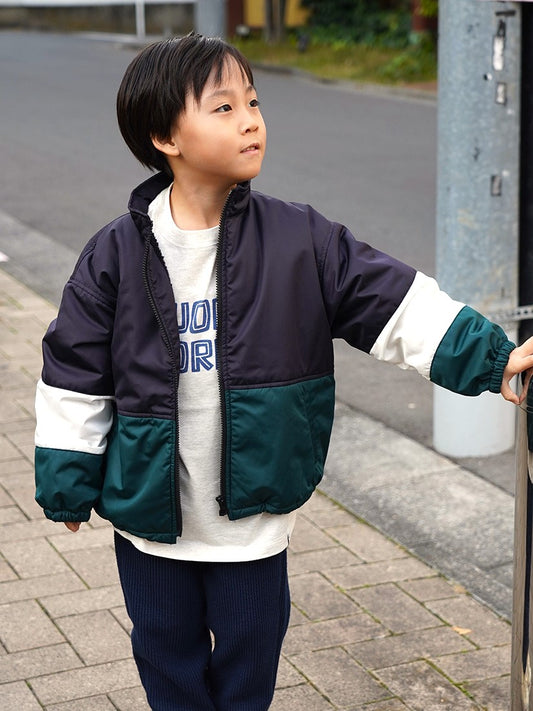 【キッズ】カラーブロックブルゾン　navy×green