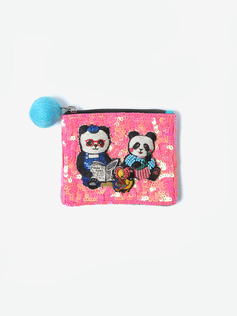 スパンコール刺繍ポーチ Panda parent and child