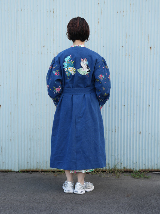 刺繍デニムコート Collarless embroidered coat