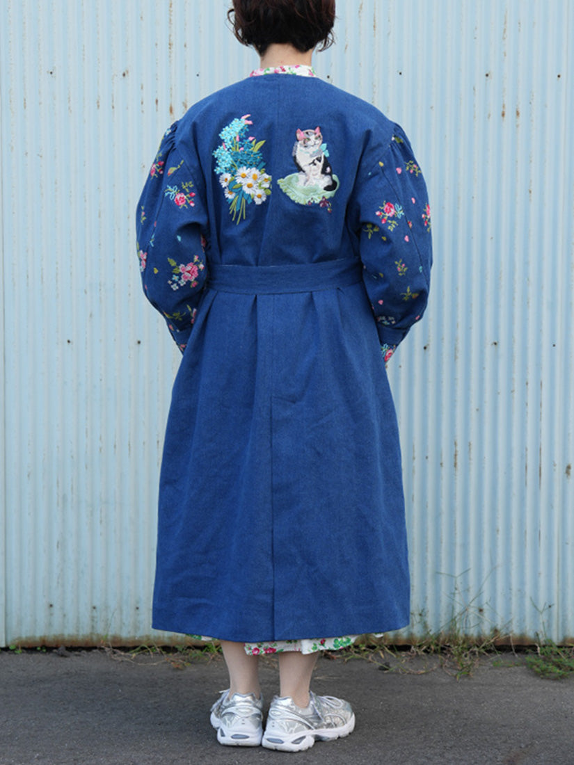 刺繍デニムコート Collarless embroidered coat