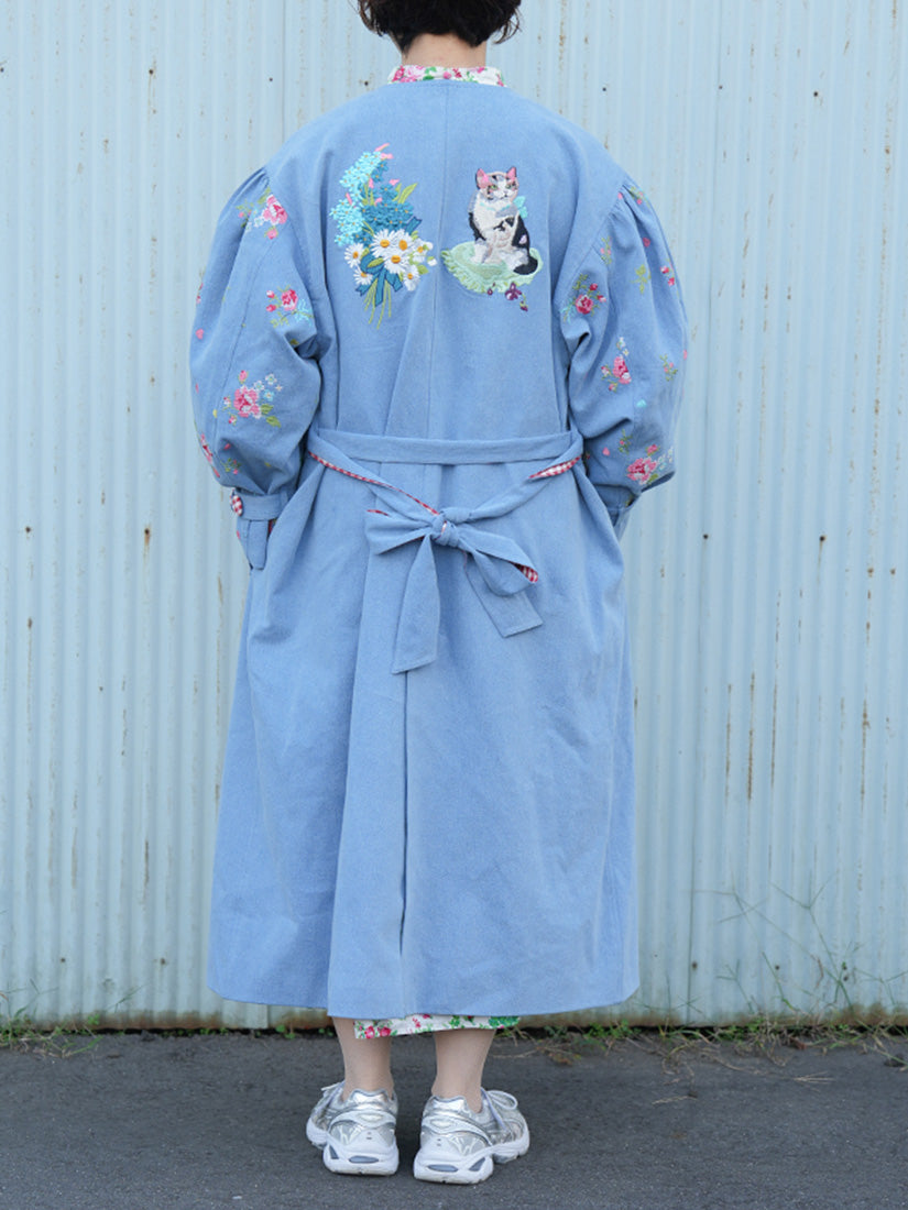 刺繍デニムコート Collarless embroidered coat