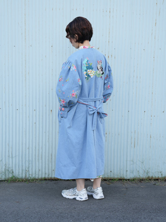 刺繍デニムコート Collarless embroidered coat