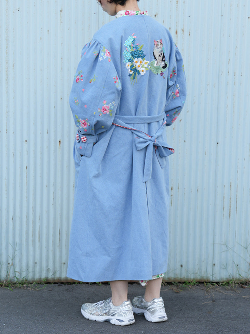 刺繍デニムコート Collarless embroidered coat