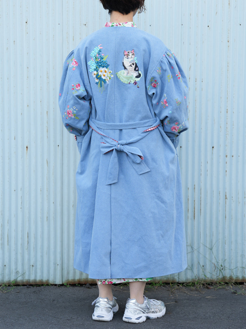 刺繍デニムコート Collarless embroidered coat