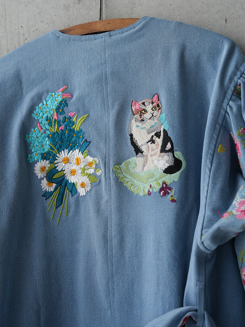 刺繍デニムコート Collarless embroidered coat