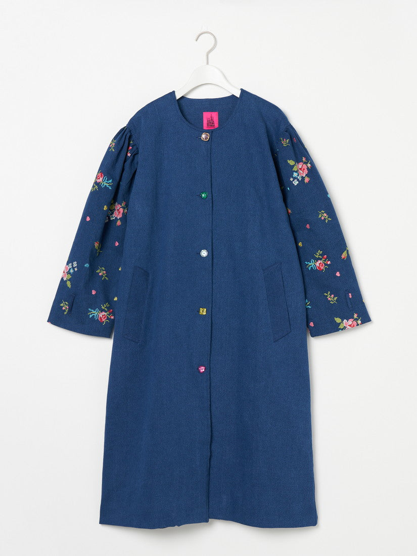 刺繍デニムコート Collarless embroidered coat