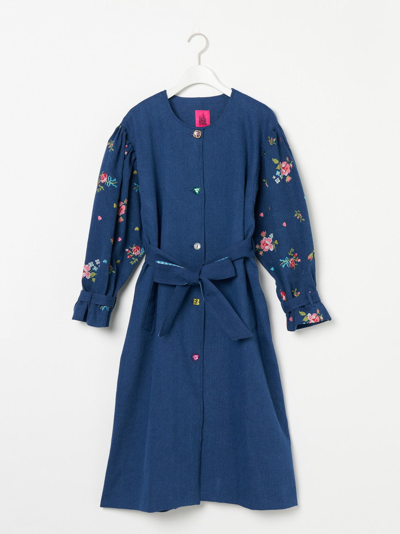 刺繍デニムコート Collarless embroidered coat