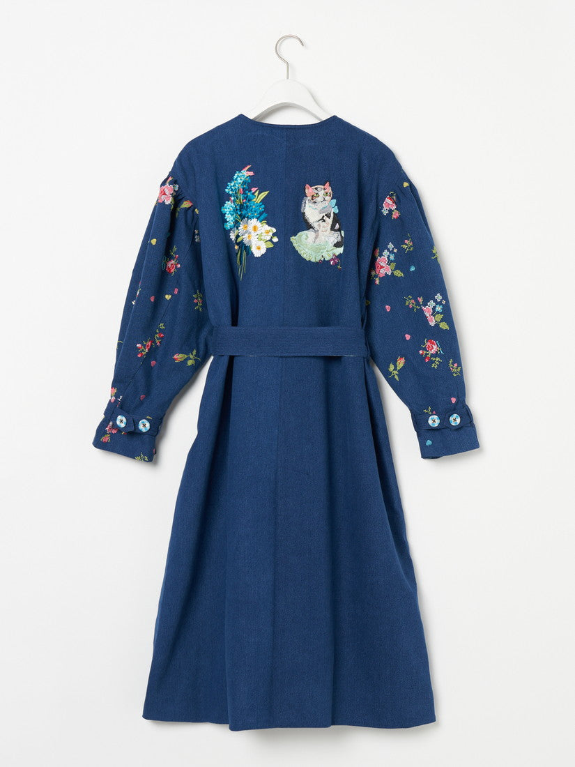 刺繍デニムコート Collarless embroidered coat