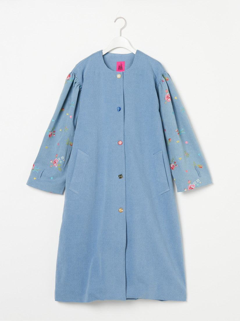 刺繍デニムコート Collarless embroidered coat