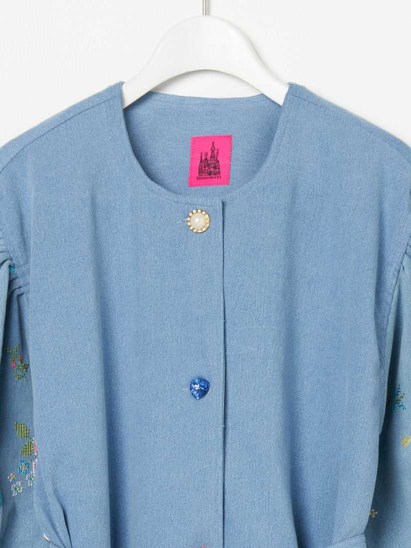 刺繍デニムコート Collarless embroidered coat