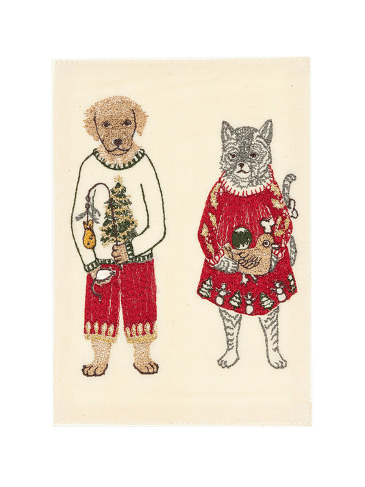 Holiday｜刺繍カード Gifting cat and dog